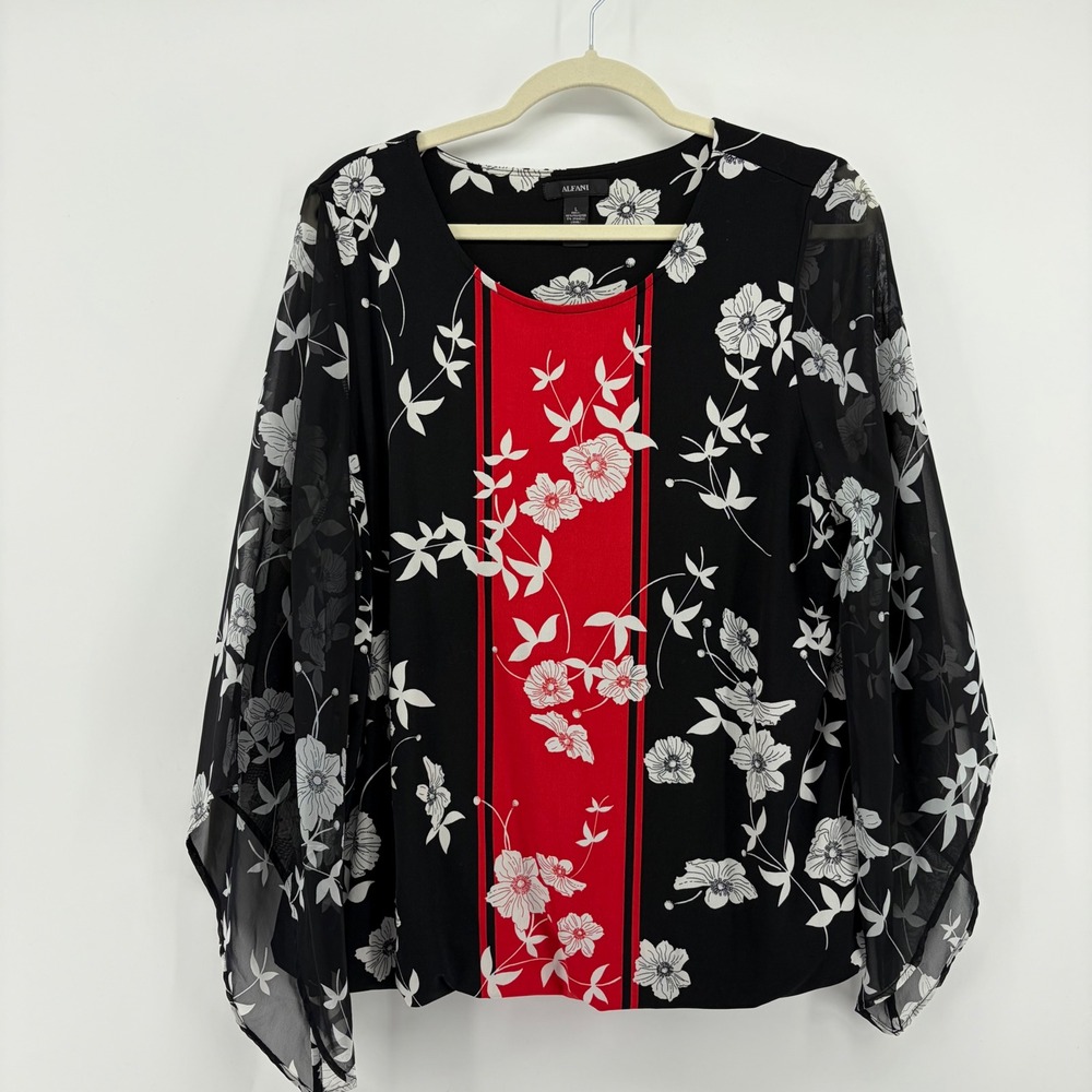 Alfani Black Red Floral Printโ Sheer Sleeve Blouse Top Women's Size Large